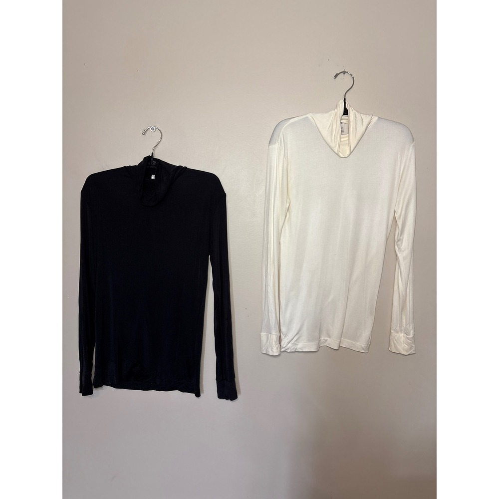 Vintage Lands End 100% Silk Turtleneck Base Layer Tops Womens S Black Ivory 2pc